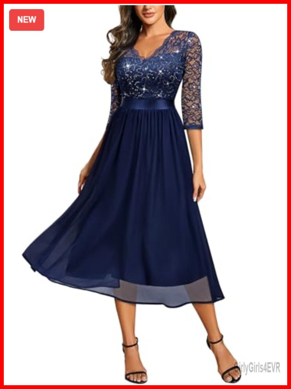 V-Neck Sequin Lace 3/4 Sleeve Bridesmaid Party A-Line Midi Dress
